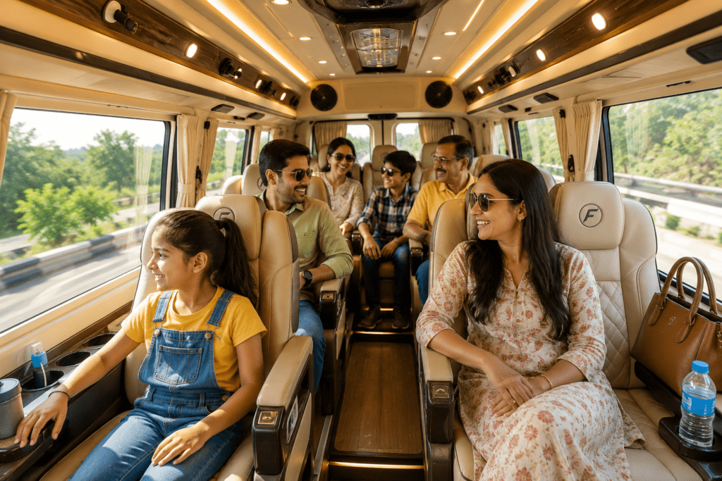 Family travelling in Tempo Traveller